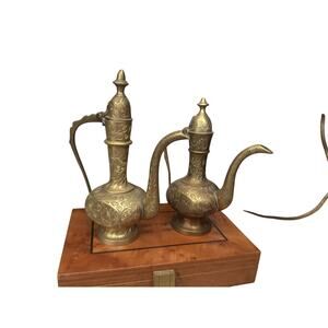 Vintage India Brass Water Teapot Pitchers Etchings Genie Bottles